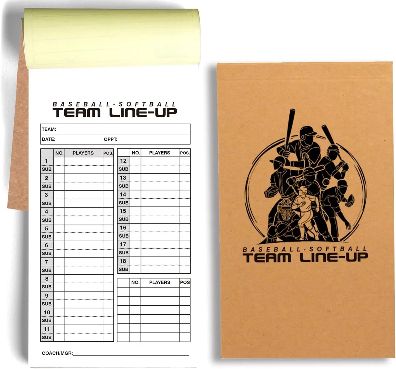 100 Baseball & Softball Lineup Cards, 25 Games with 18 Player Roster Line Up Cards Sheet for Coaches Umpires, School College Game (4-Part Carbon Copies-4.52 x 7.86 Inch)