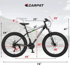 26 Inch Fat Tires Mountain Bike, 21-Speed All Terrain Bicycle with Disc Brakes & 4" Wide Fat Tire, City Snow Beach for Adults and Teenagers, Men's and Women's Mountain Bikes
