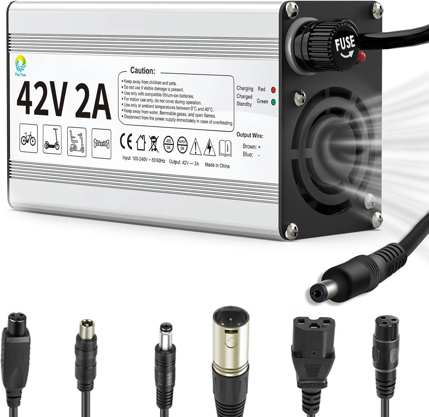 42V 2A Charger for 36V Lithium-ion Battery ebike Electric Bike Electric Scooter Hoverboard Universal Replacement Charger with 7 Connectors