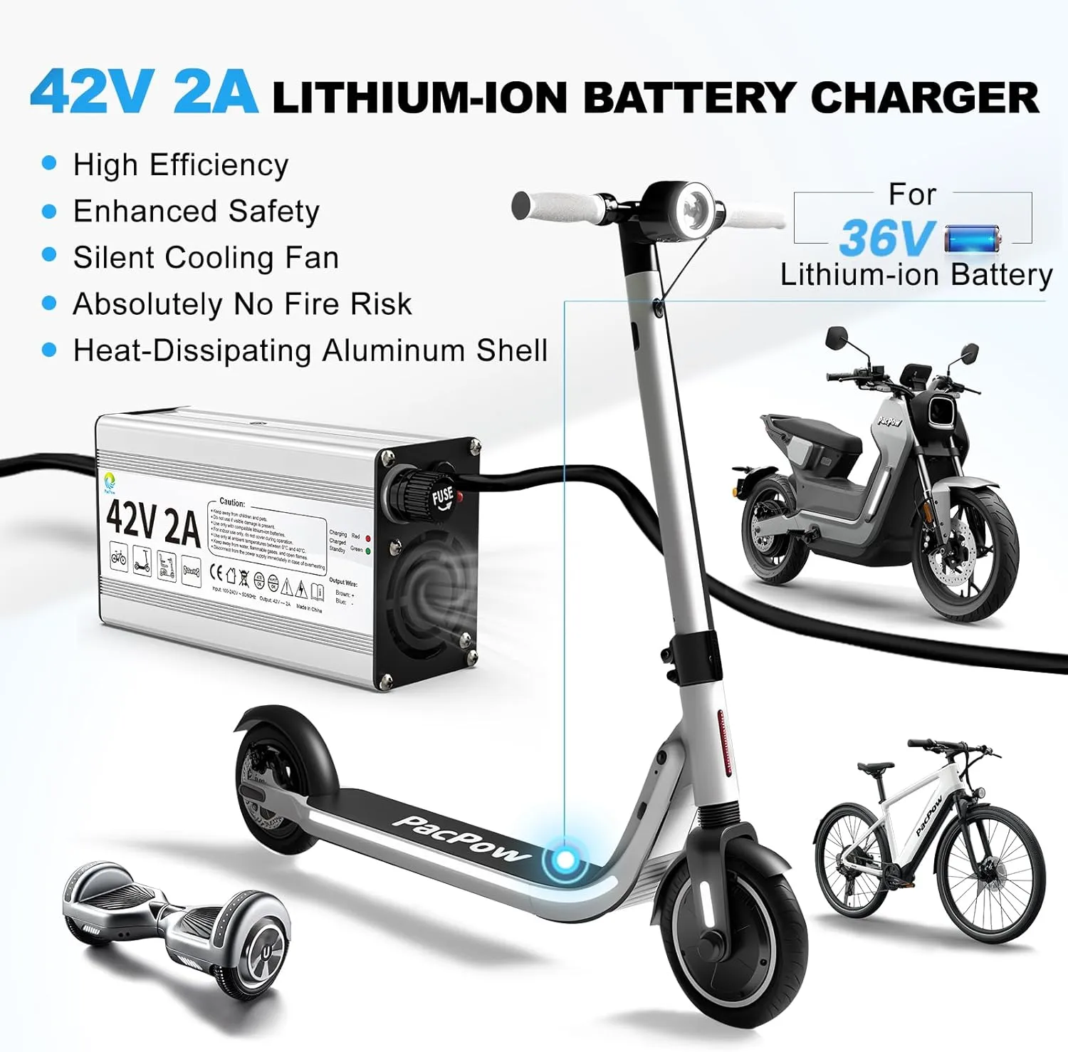 42V 2A Charger for 36V Lithium-ion Battery ebike Electric Bike Electric Scooter Hoverboard Universal Replacement Charger with 7 Connectors