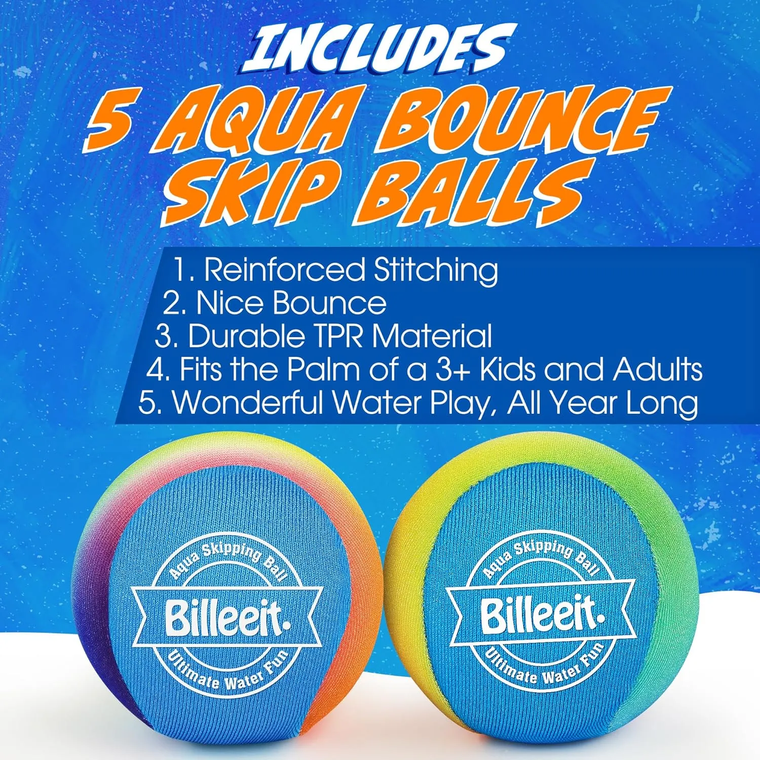 5Pcs Water Skipping Balls Set for Pool Play, Multi-Colored Splash Water Bouncing Balls, Fun Water Pool Beach Swim Toys & Games for Kids 3  4-8-12 and Adults