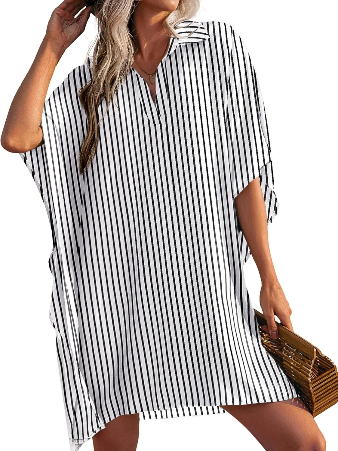 AI'MAGE Womens Swimsuit Beach Cover Up Shirt Summer 3/4 Sleeve Bathing Suit Beach Dress Oversized Bikini Coverups S-3XL