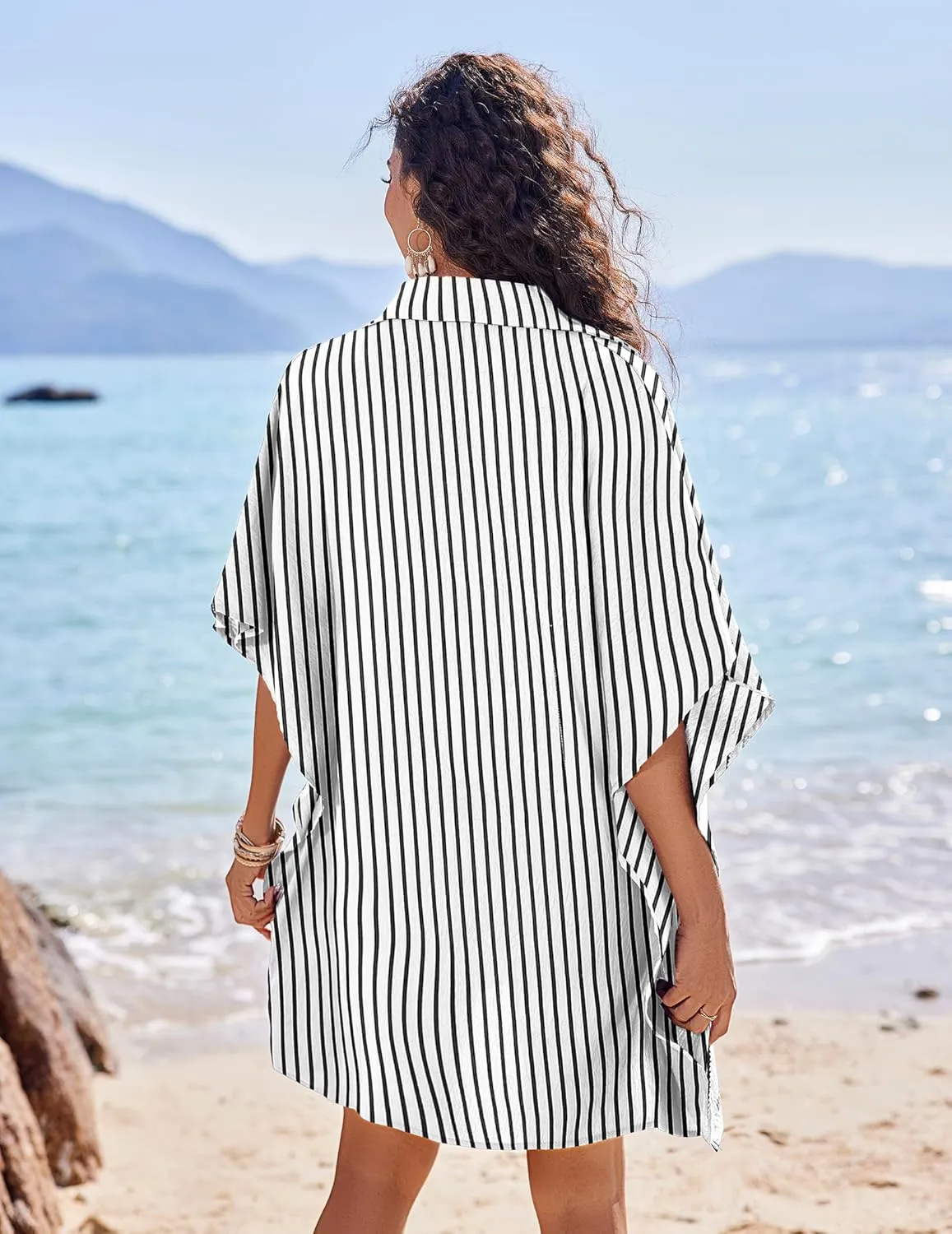 AI'MAGE Womens Swimsuit Beach Cover Up Shirt Summer 3/4 Sleeve Bathing Suit Beach Dress Oversized Bikini Coverups S-3XL