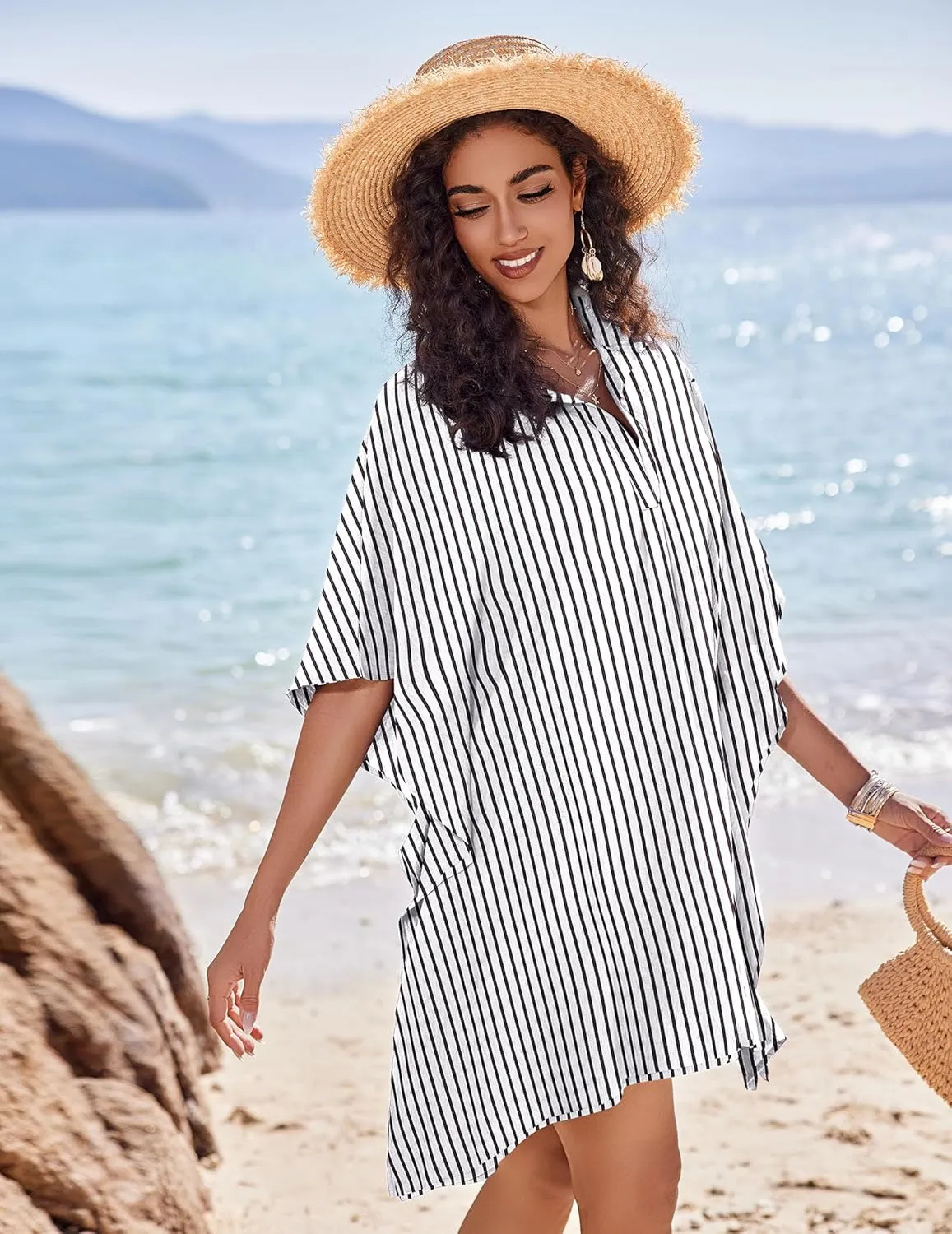 AI'MAGE Womens Swimsuit Beach Cover Up Shirt Summer 3/4 Sleeve Bathing Suit Beach Dress Oversized Bikini Coverups S-3XL