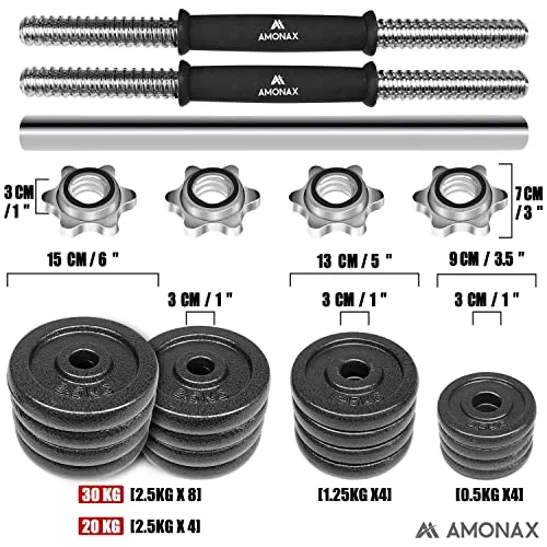 Amonax 20kg Cast Iron Adjustable Dumbbells Weight Set, Barbell Set Men Women, Strength Training Equipment Home Gym Fitness, Dumbell Pair Hand Weight, Bar Bells Free Weights for Weight Lifting