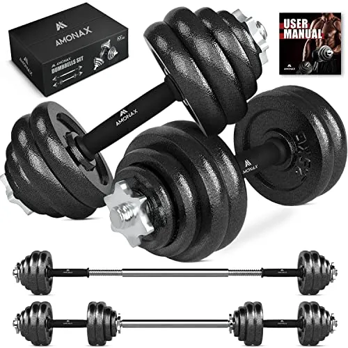 Amonax 20kg Cast Iron Adjustable Dumbbells Weight Set, Barbell Set Men Women, Strength Training Equipment Home Gym Fitness, Dumbell Pair Hand Weight, Bar Bells Free Weights for Weight Lifting