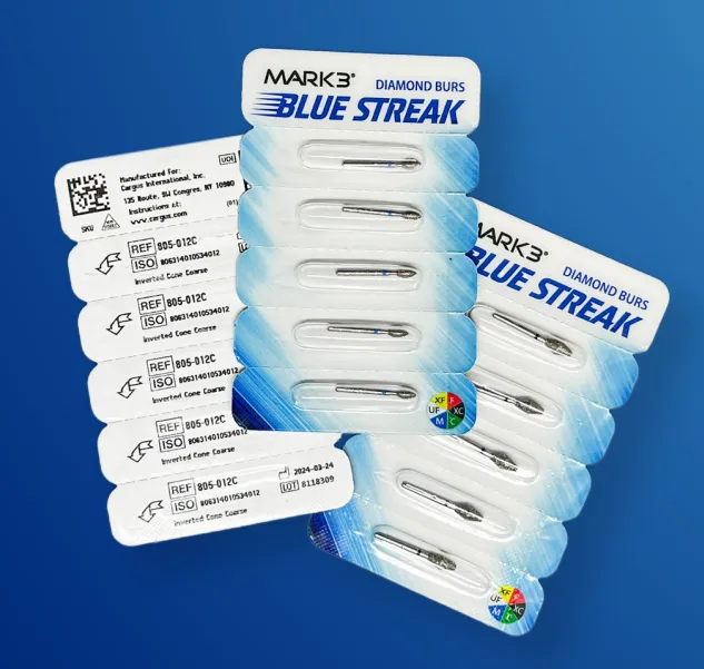 Blue Streak Diamond Burs FG Round Edge Taper Pkg/5