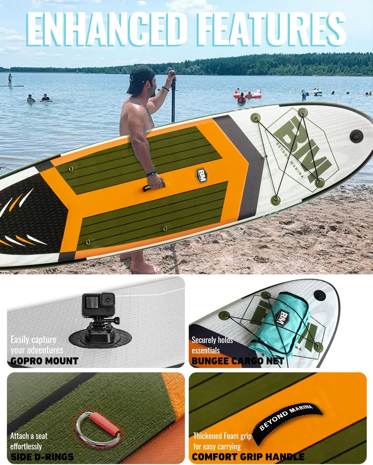 BM Paddle Board Inflatable Stand Up Paddle Board, SUP Paddleboard for Adult, Premium Accessories | Non-Slip EVA Deck & Foam Handles, Camera Mount, Double Action Pump, 85L Travel Backpack