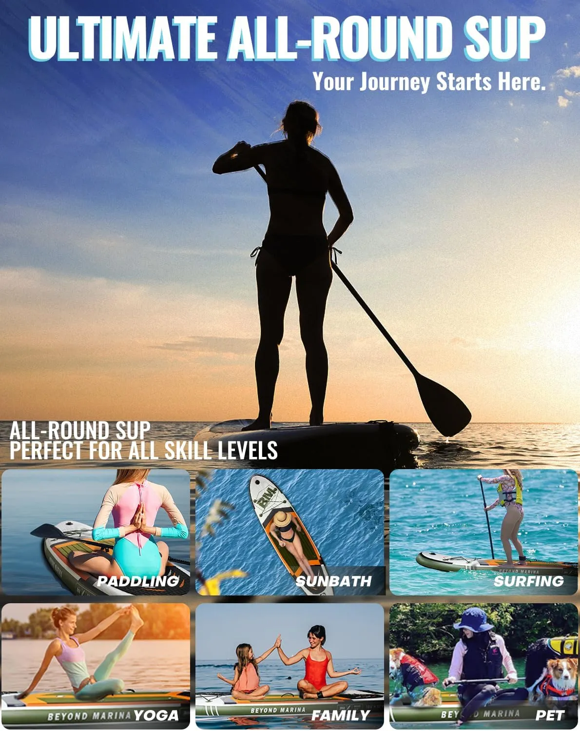 BM Paddle Board Inflatable Stand Up Paddle Board, SUP Paddleboard for Adult, Premium Accessories | Non-Slip EVA Deck & Foam Handles, Camera Mount, Double Action Pump, 85L Travel Backpack