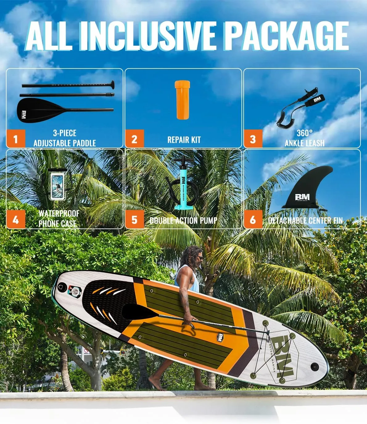 BM Paddle Board Inflatable Stand Up Paddle Board, SUP Paddleboard for Adult, Premium Accessories | Non-Slip EVA Deck & Foam Handles, Camera Mount, Double Action Pump, 85L Travel Backpack