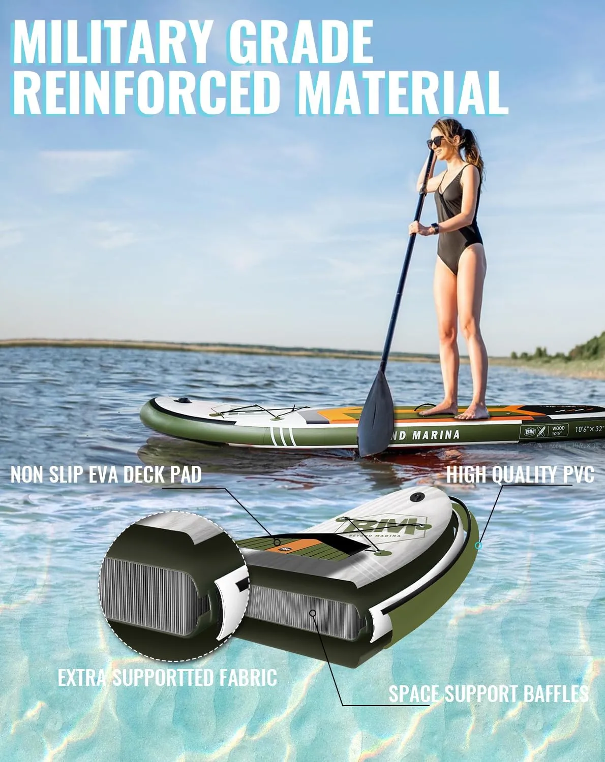 BM Paddle Board Inflatable Stand Up Paddle Board, SUP Paddleboard for Adult, Premium Accessories | Non-Slip EVA Deck & Foam Handles, Camera Mount, Double Action Pump, 85L Travel Backpack