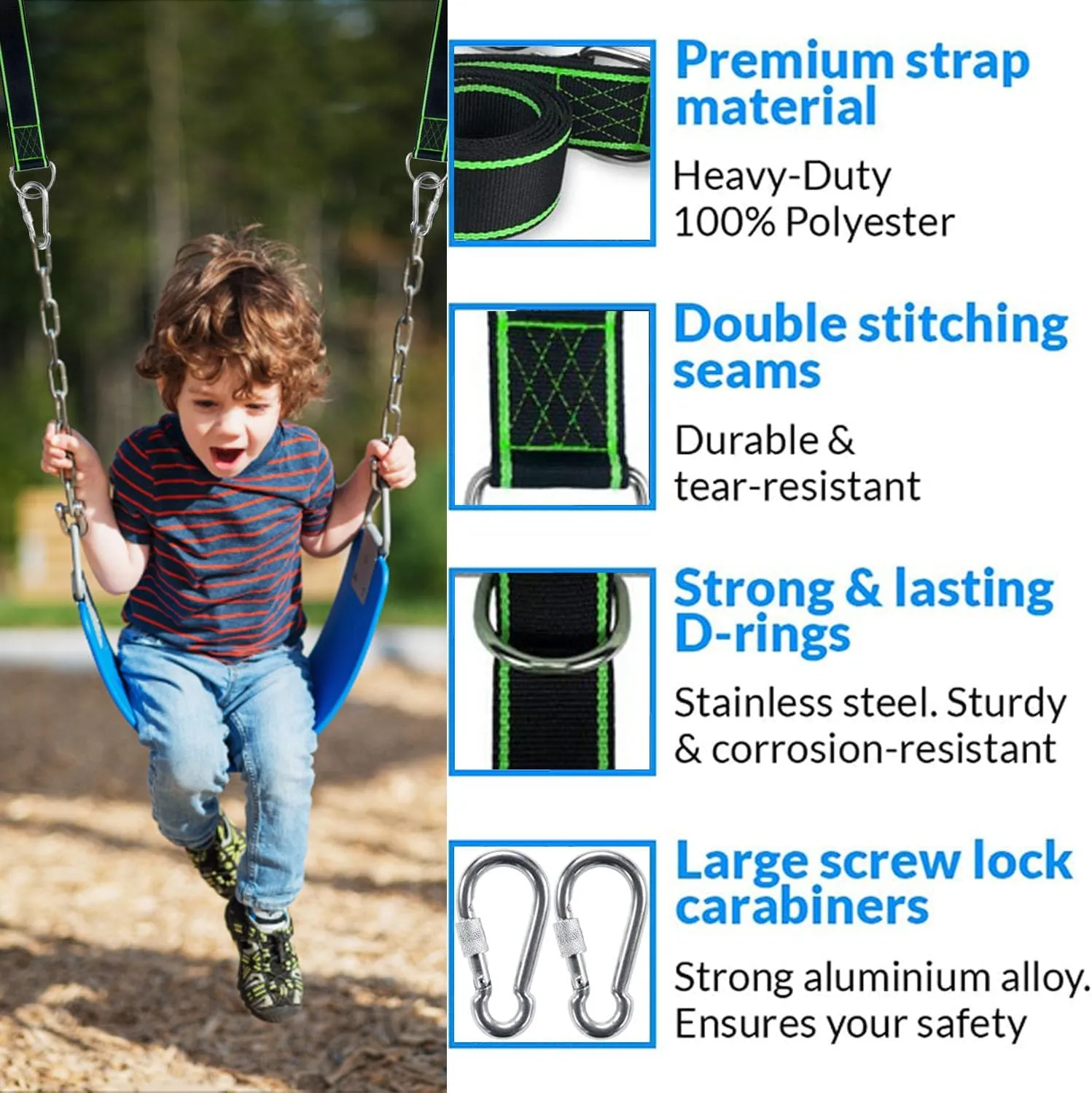 Extra Long Tree Swing Straps, 5FT/10FT Tree Swing Hanging Straps Kit Holds 2800 lbs with Tree Protector, Heavy Duty Carabiner and Swivel Perfect for Swings & Hammocks (5FT x 2)