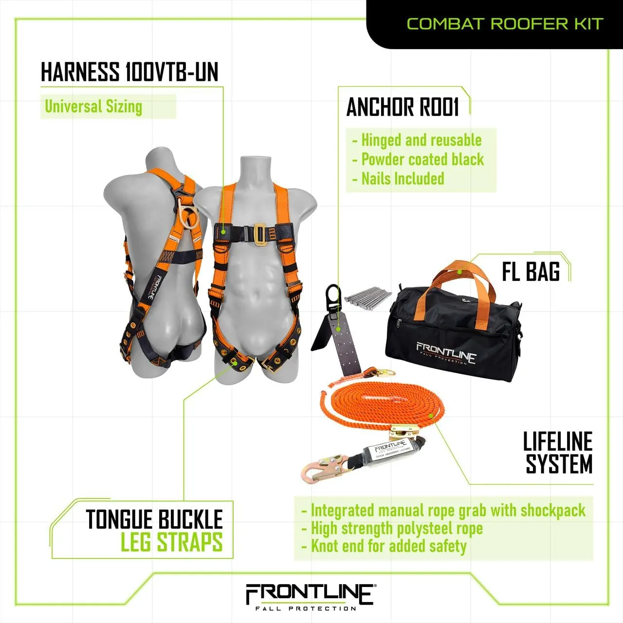 Frontline Combat Complete Roofers Kit with 50' Lifeline Combat Full Body Harness | OSHA & ANSI Compliant