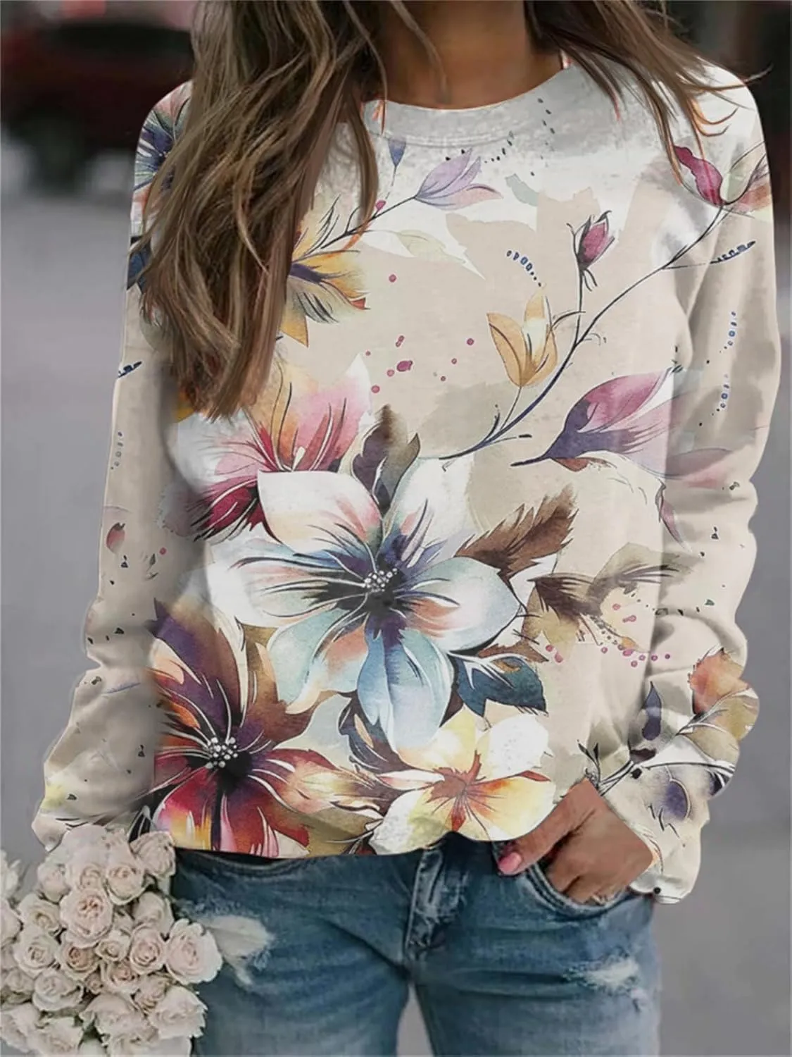 IVERIRMIN Womens Floral Crewneck Sweatshirts Fall Long Sleeve Shirts Boho Watercolor-painted Tops Pullover Sweaters for Women