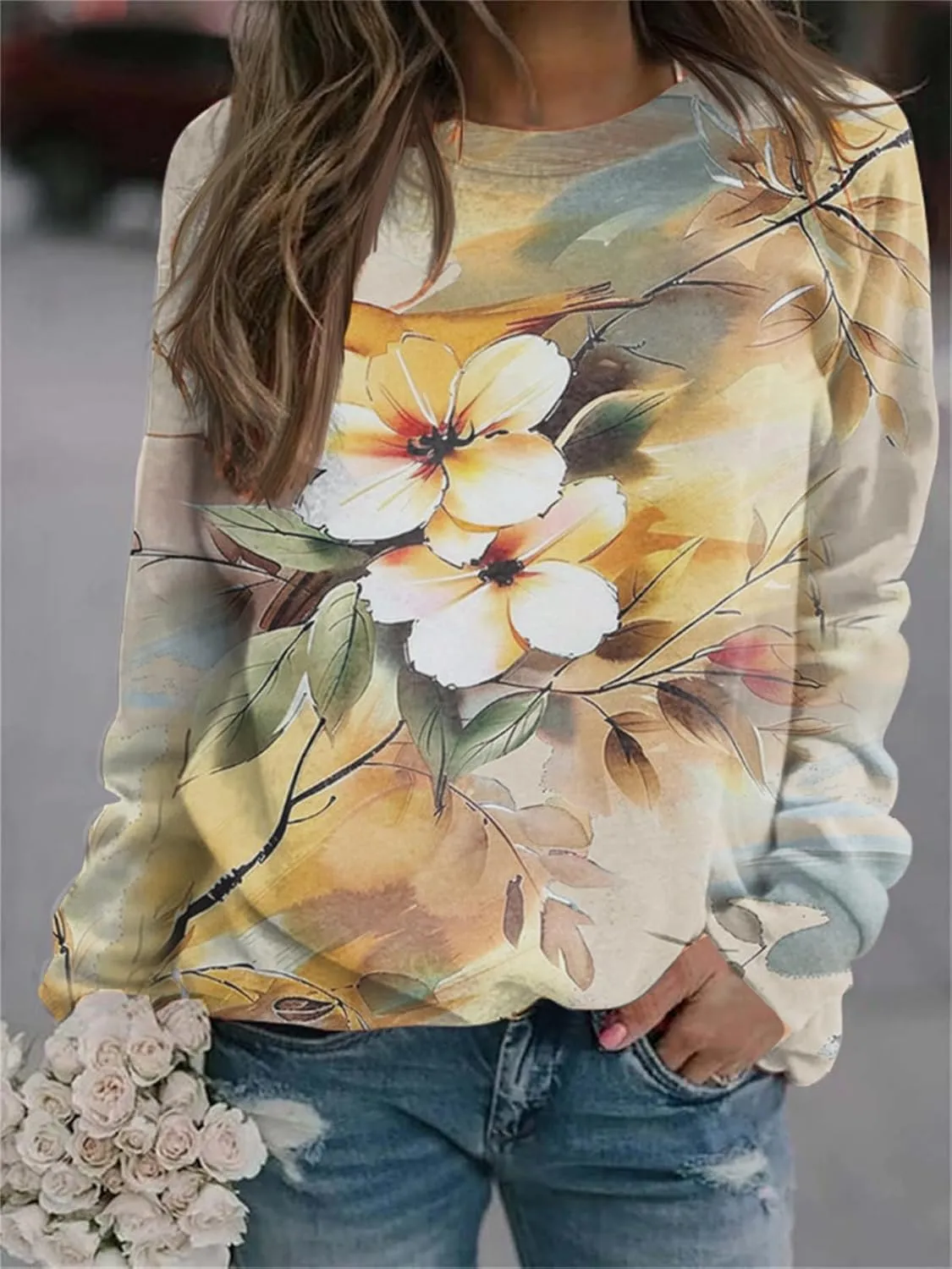 IVERIRMIN Womens Floral Crewneck Sweatshirts Fall Long Sleeve Shirts Boho Watercolor-painted Tops Pullover Sweaters for Women