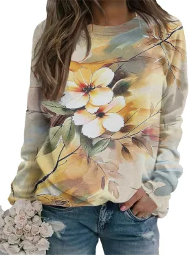 IVERIRMIN Womens Floral Crewneck Sweatshirts Fall Long Sleeve Shirts Boho Watercolor-painted Tops Pullover Sweaters for Women