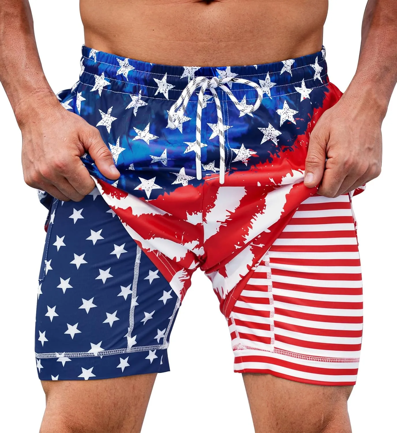 Mainfini Men's American Flag Swim Trunks 6" Inseam Board Short with Compression Liner (S-XXL)