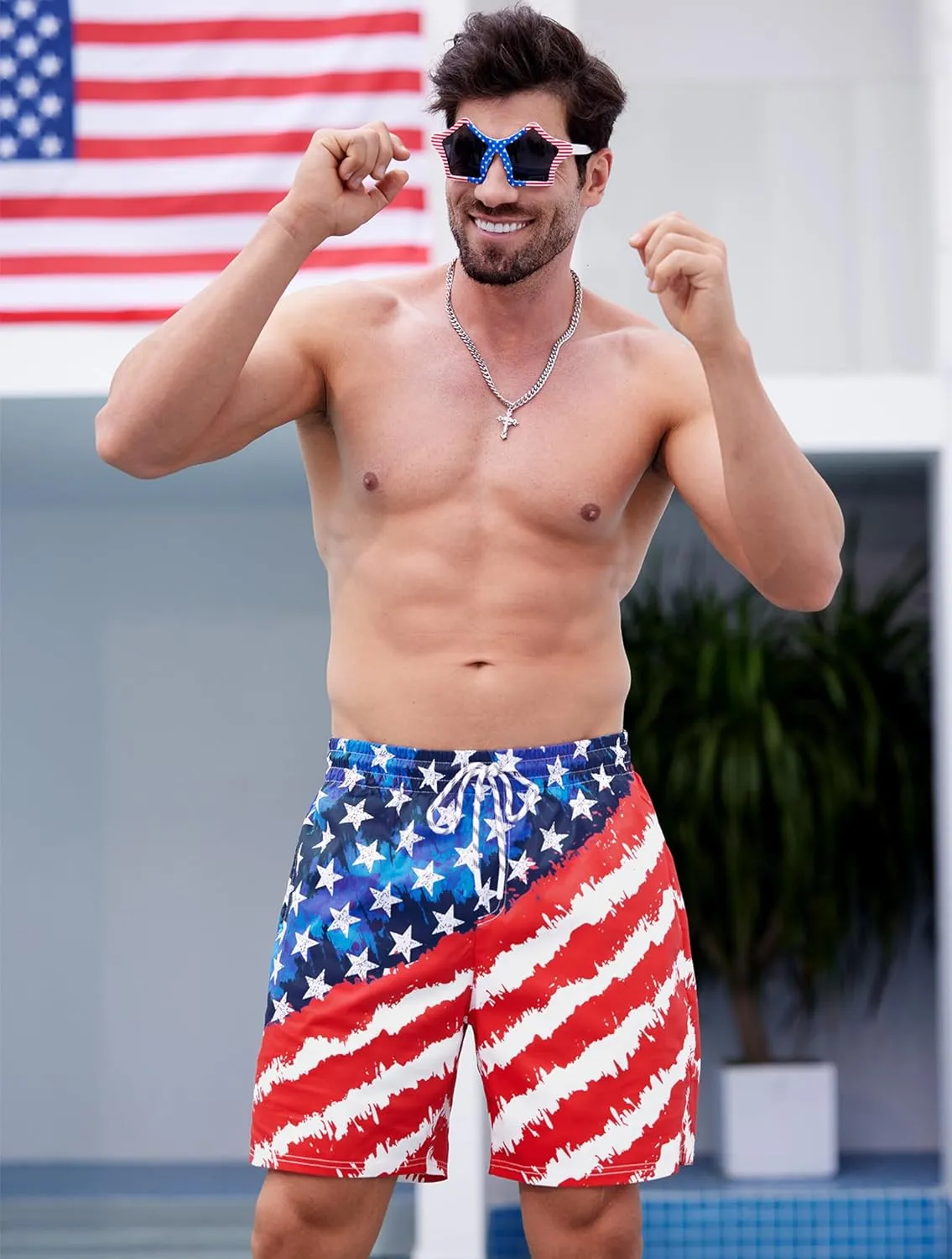 Mainfini Men's American Flag Swim Trunks 6" Inseam Board Short with Compression Liner (S-XXL)