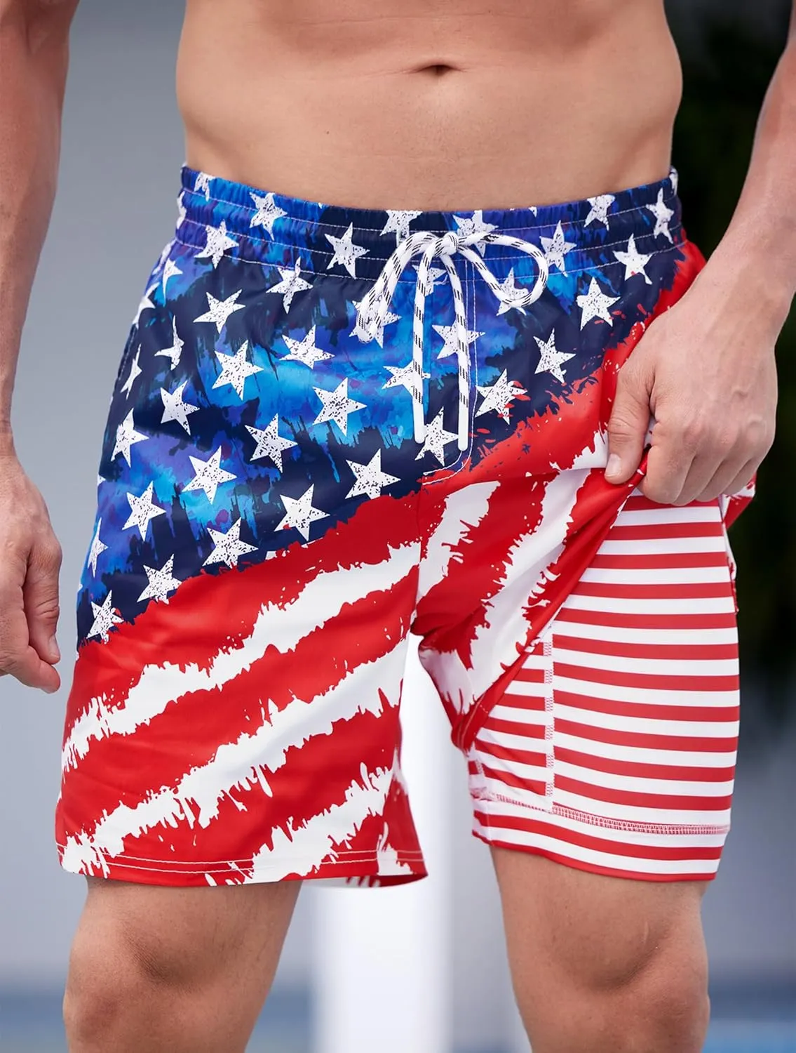 Mainfini Men's American Flag Swim Trunks 6" Inseam Board Short with Compression Liner (S-XXL)