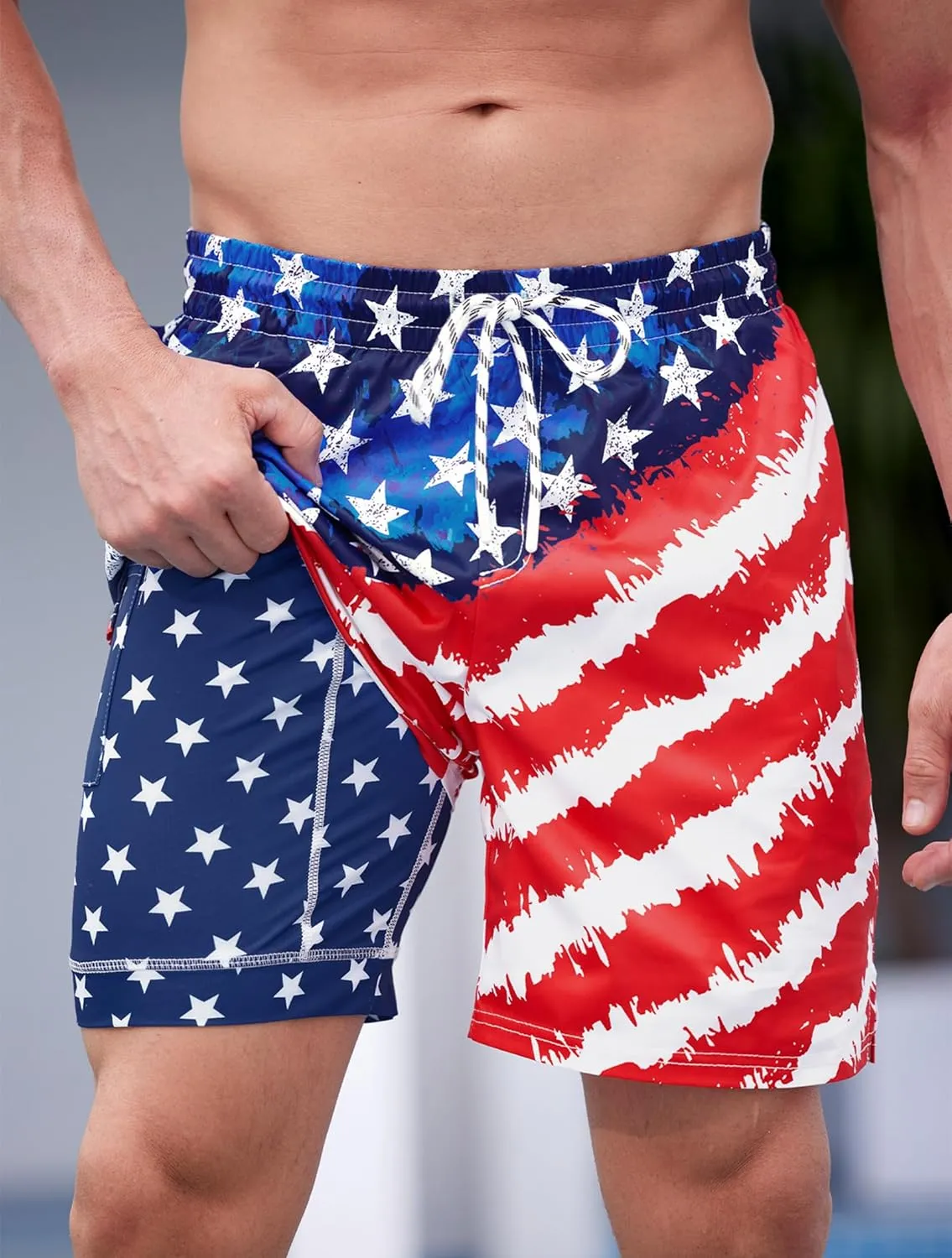 Mainfini Men's American Flag Swim Trunks 6" Inseam Board Short with Compression Liner (S-XXL)