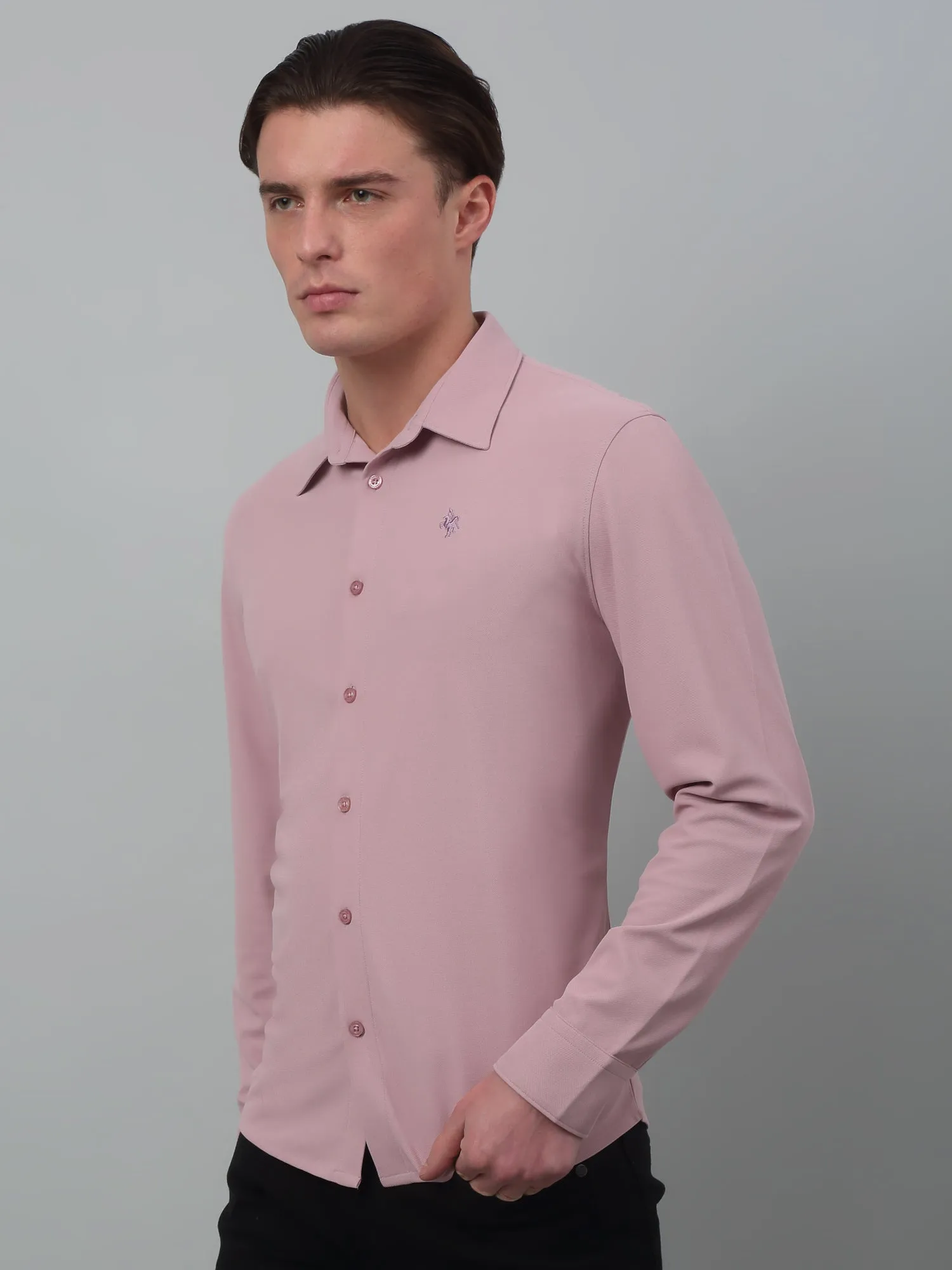 Men's Light Purple Casual Plain Stretch Full Sleeve Shirt