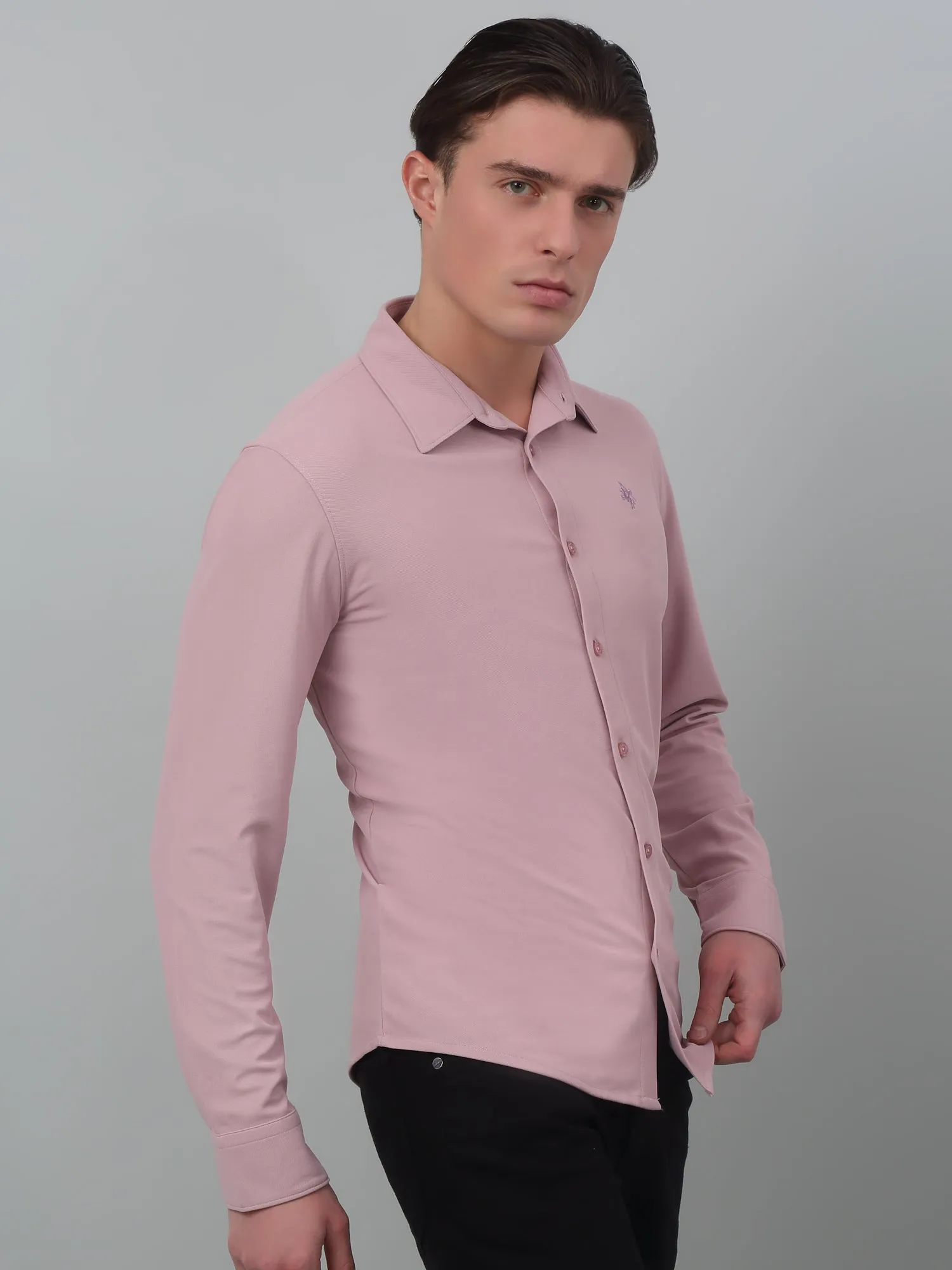 Men's Light Purple Casual Plain Stretch Full Sleeve Shirt