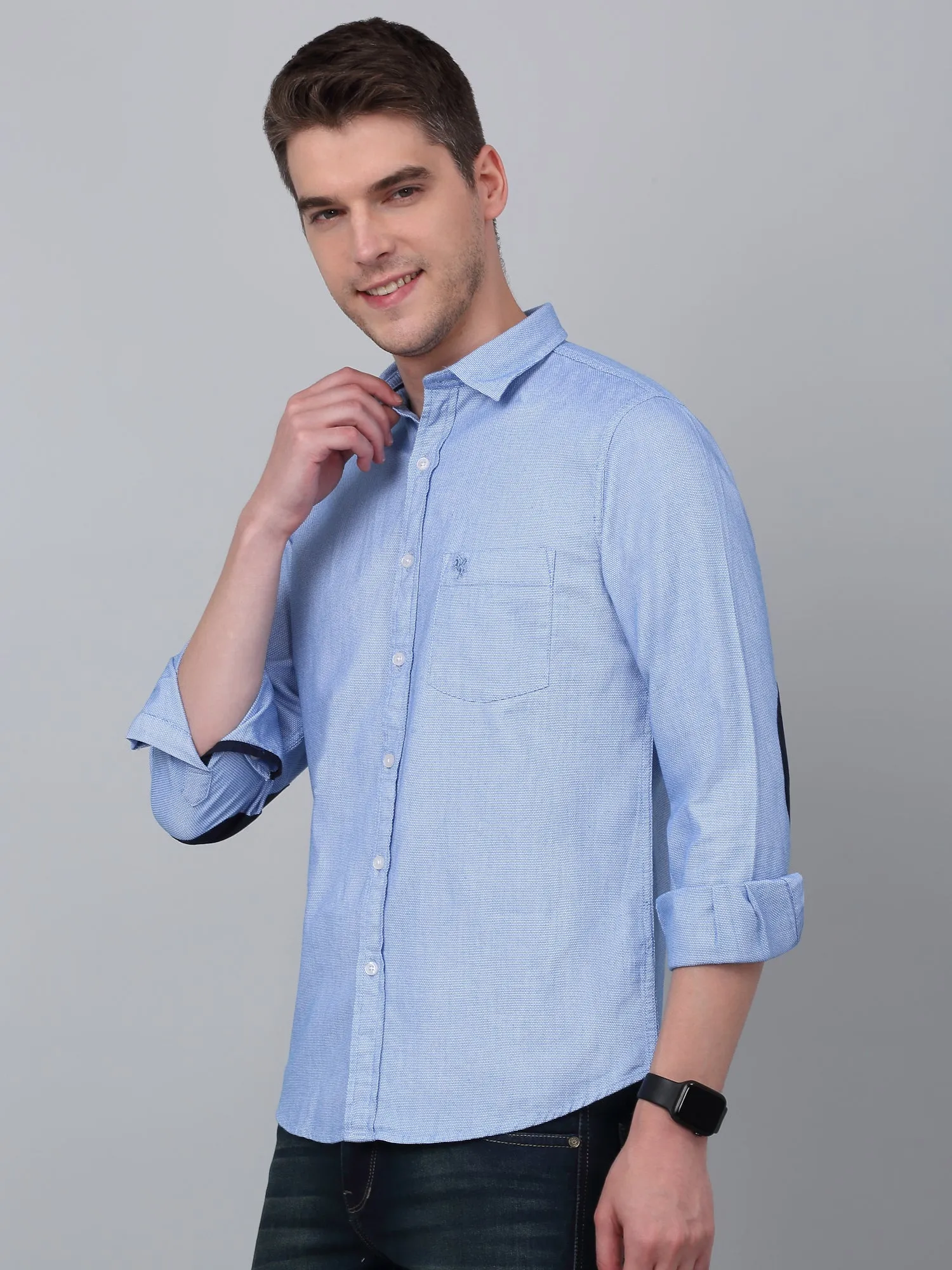 Men's Sky Blue Casual Self Textured Full Sleeve Shirt