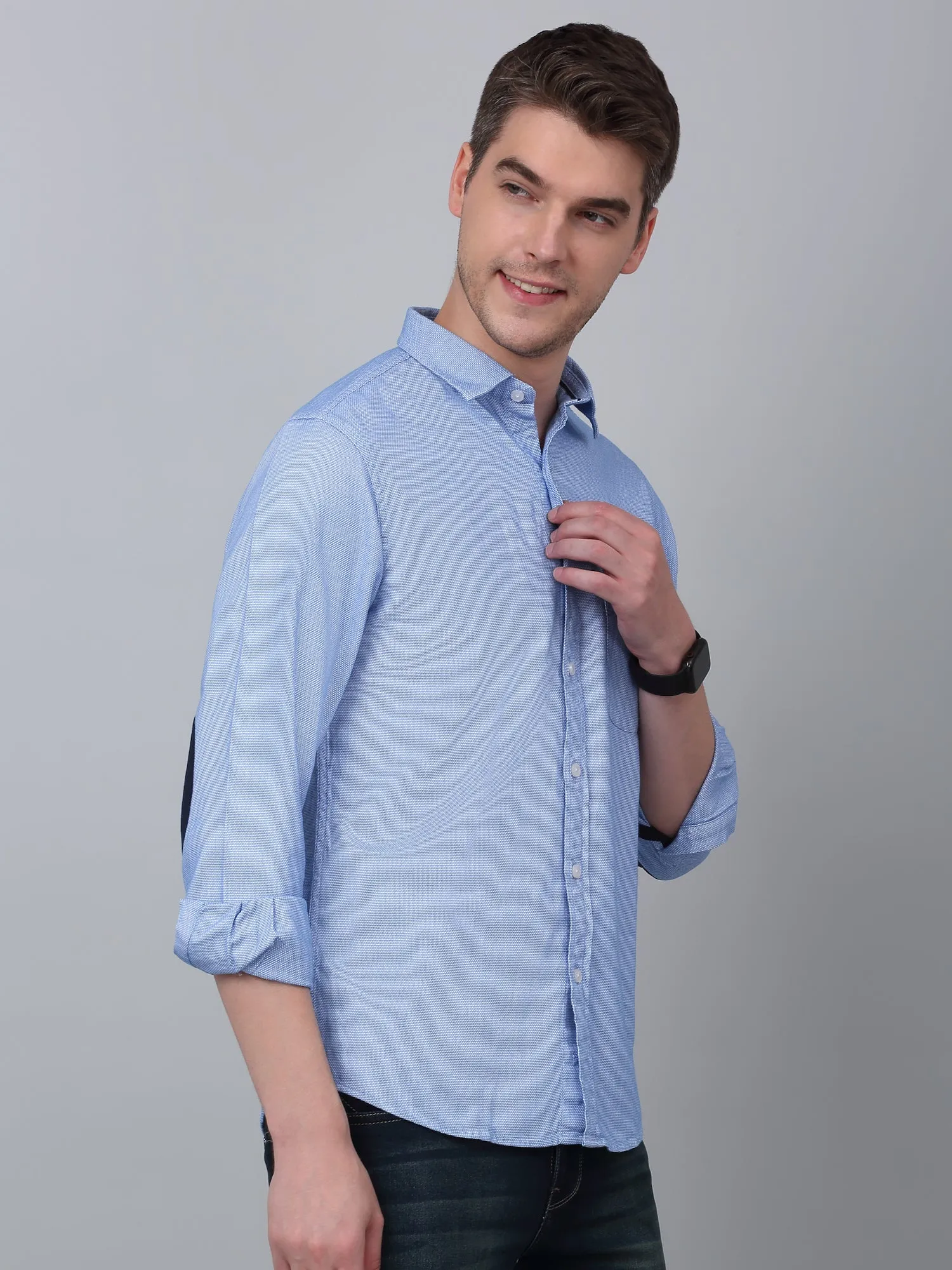 Men's Sky Blue Casual Self Textured Full Sleeve Shirt
