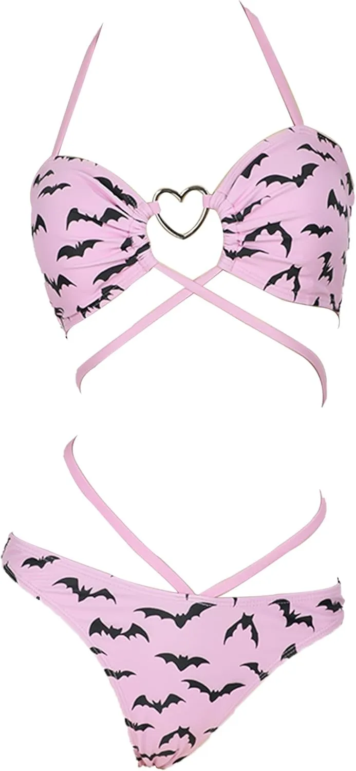 MEOWCOS Gothic Bat Pink Bikini Set Swimsuit Heart Buckle Halter Lace-up Top and Triangle Panty Bathing Suit Swimwear
