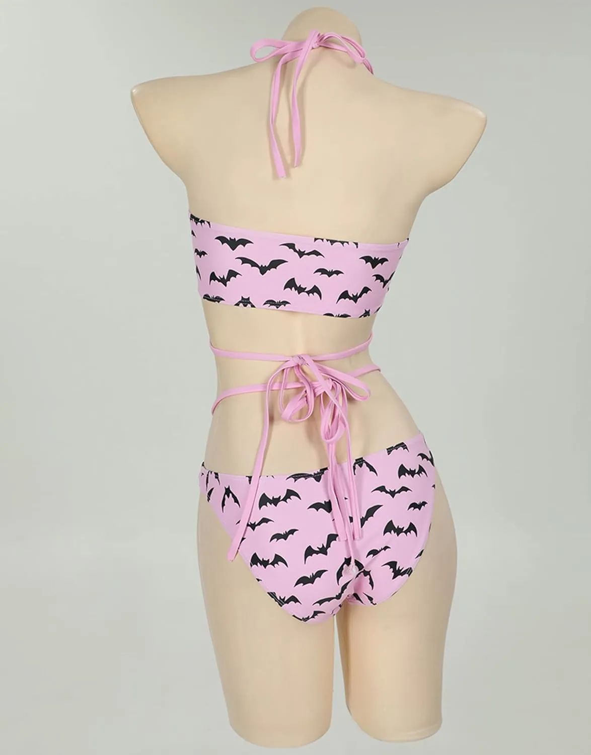 MEOWCOS Gothic Bat Pink Bikini Set Swimsuit Heart Buckle Halter Lace-up Top and Triangle Panty Bathing Suit Swimwear