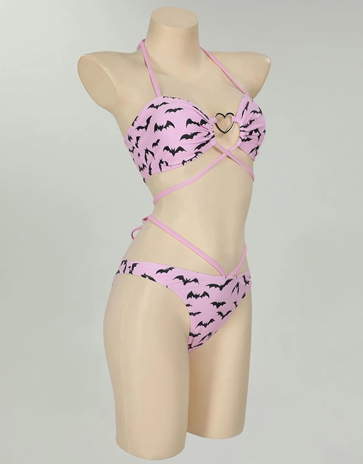 MEOWCOS Gothic Bat Pink Bikini Set Swimsuit Heart Buckle Halter Lace-up Top and Triangle Panty Bathing Suit Swimwear