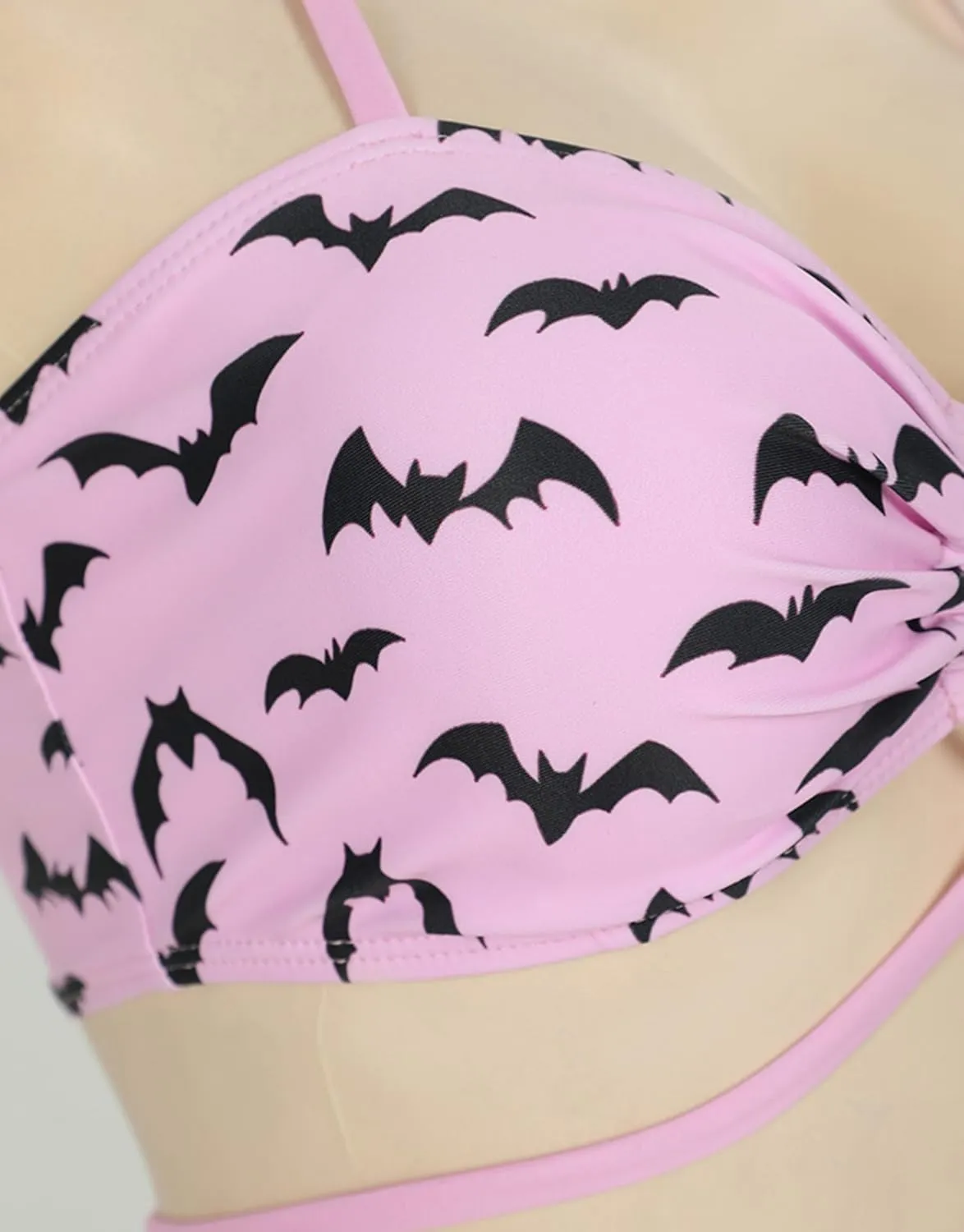 MEOWCOS Gothic Bat Pink Bikini Set Swimsuit Heart Buckle Halter Lace-up Top and Triangle Panty Bathing Suit Swimwear