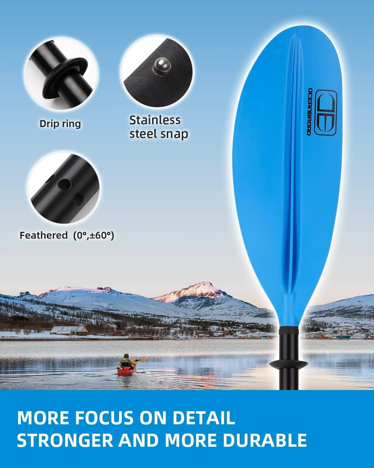 OCEANBROAD Kayak Paddle 86in/218cm, 90.5in/230cm, 95in/241cm Alloy Shaft Kayaking Boating Canoeing Oar with Paddle Leash