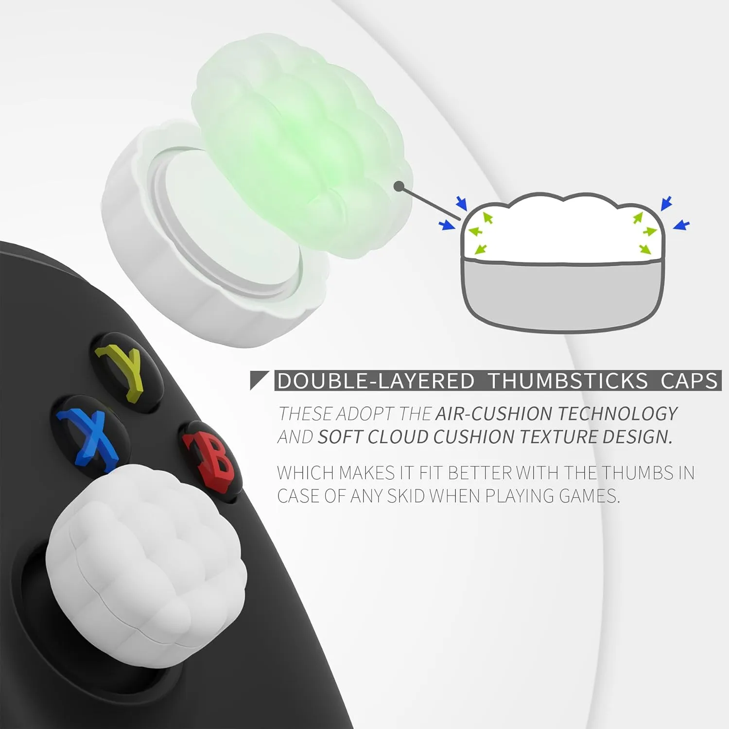 PlayVital Thumbs Cushion Caps Thumb Grips for ps5/ps4, Thumbstick Grip Cover Joystick Caps for Xbox Series X/S, Xbox One, Elite Series 2, Switch Pro Controller - Puff Cloud Texture Design White