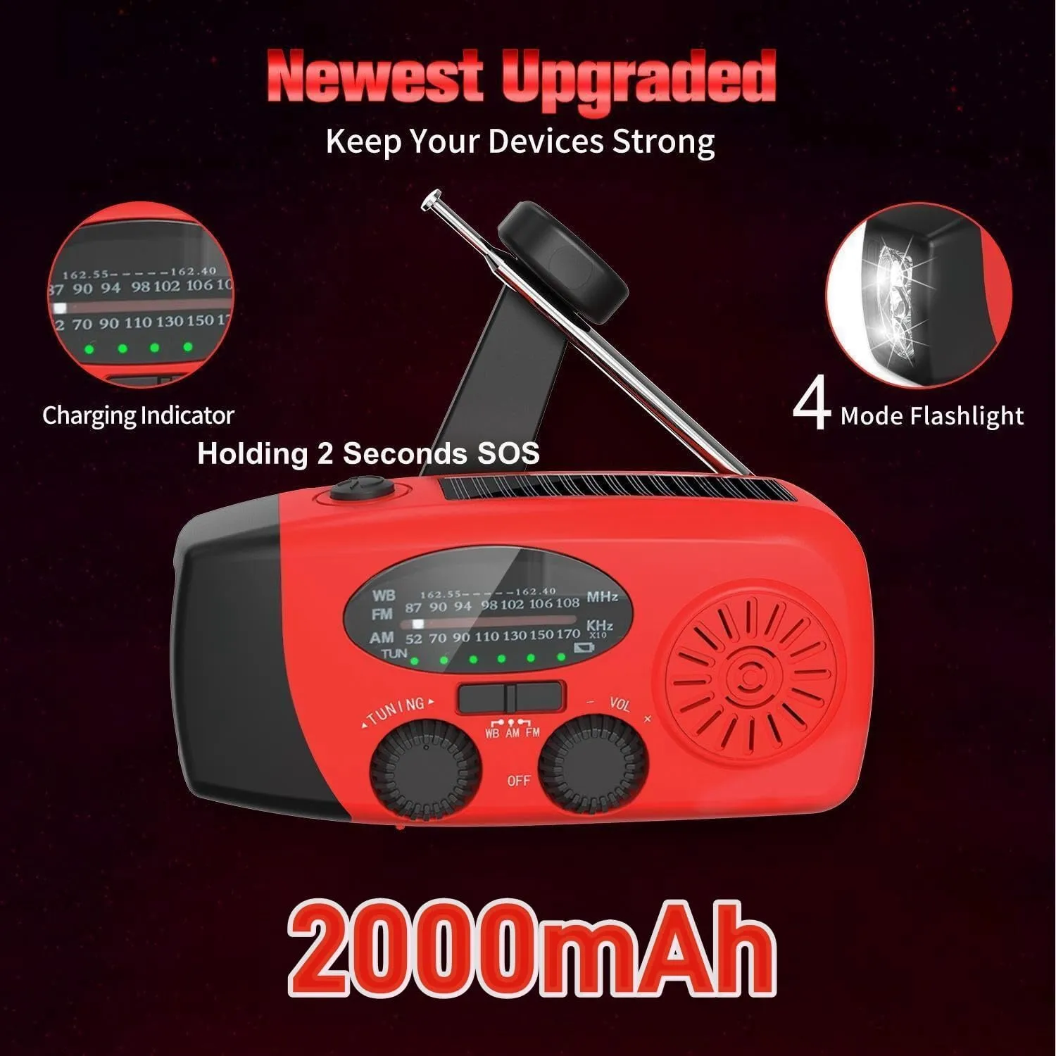 Solar Emergency Hand Crank Weather Radio, AM/FM NOAA Portable Radio with 2000mAh Battery Phone Charger, SOS Alarm & Solar Power LED Flashlight for Camping, Emergency