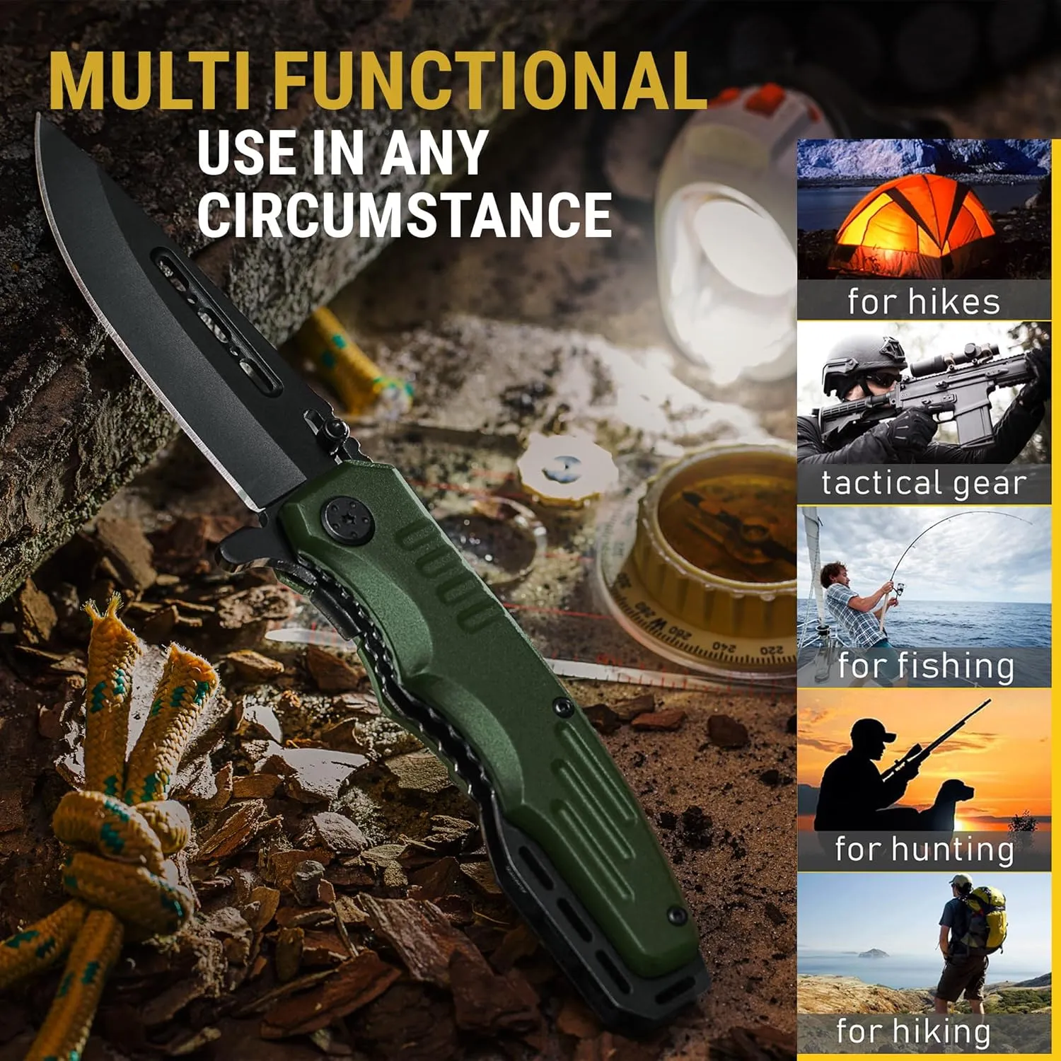 Spring Assisted Knife - Army Green Pocket Knives with Safety Lock - 3.42 Folding Blade with Aluminum Handle for Tactical Camping Survival and Outdoor - Birthday Gifts Idea for Men and Women 6681 A