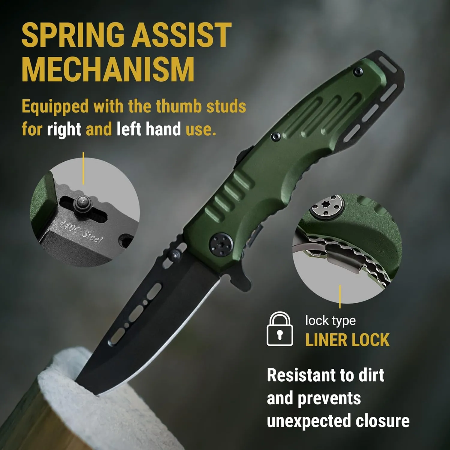 Spring Assisted Knife - Army Green Pocket Knives with Safety Lock - 3.42 Folding Blade with Aluminum Handle for Tactical Camping Survival and Outdoor - Birthday Gifts Idea for Men and Women 6681 A