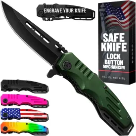 Spring Assisted Knife - Army Green Pocket Knives with Safety Lock - 3.42 Folding Blade with Aluminum Handle for Tactical Camping Survival and Outdoor - Birthday Gifts Idea for Men and Women 6681 A