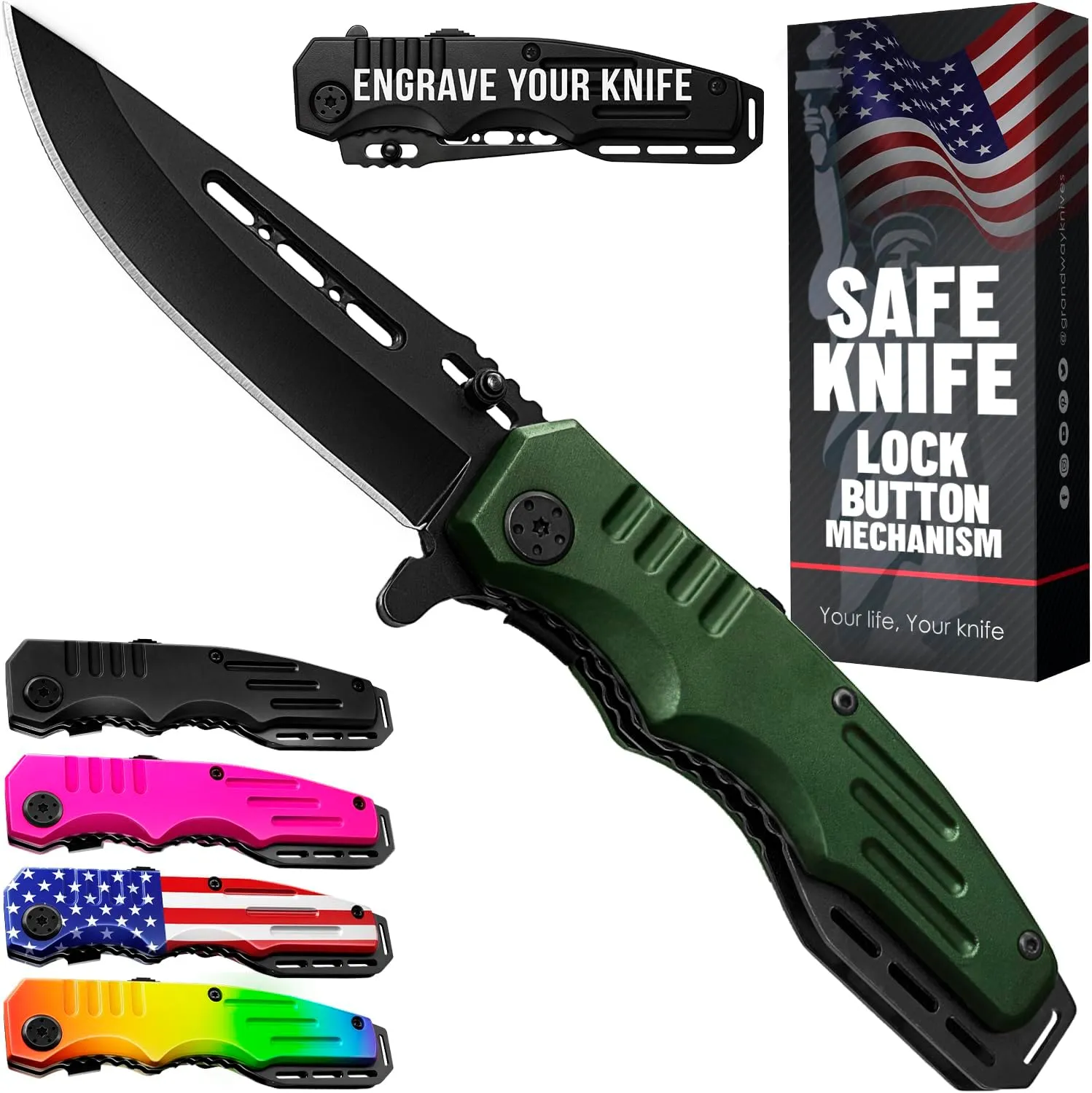 Spring Assisted Knife - Army Green Pocket Knives with Safety Lock - 3.42 Folding Blade with Aluminum Handle for Tactical Camping Survival and Outdoor - Birthday Gifts Idea for Men and Women 6681 A