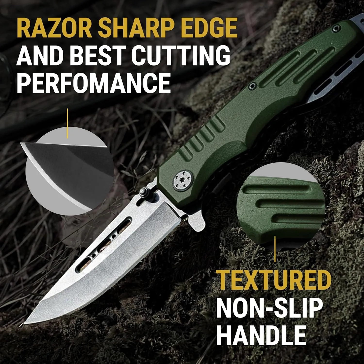 Spring Assisted Knife - Army Green Pocket Knives with Safety Lock - 3.42 Folding Blade with Aluminum Handle for Tactical Camping Survival and Outdoor - Birthday Gifts Idea for Men and Women 6681 A