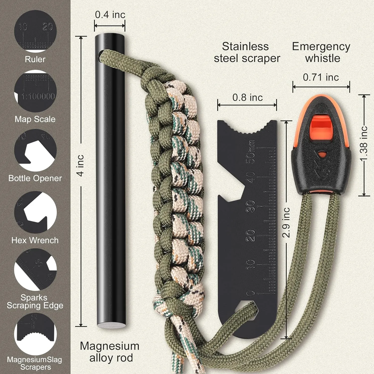 Survival Fire Starter, 4 Inch Ferro Rod, Flint Fire Starters for Hiking and Camping, Flint and Steel Survival Tool with Paracord and Emerge