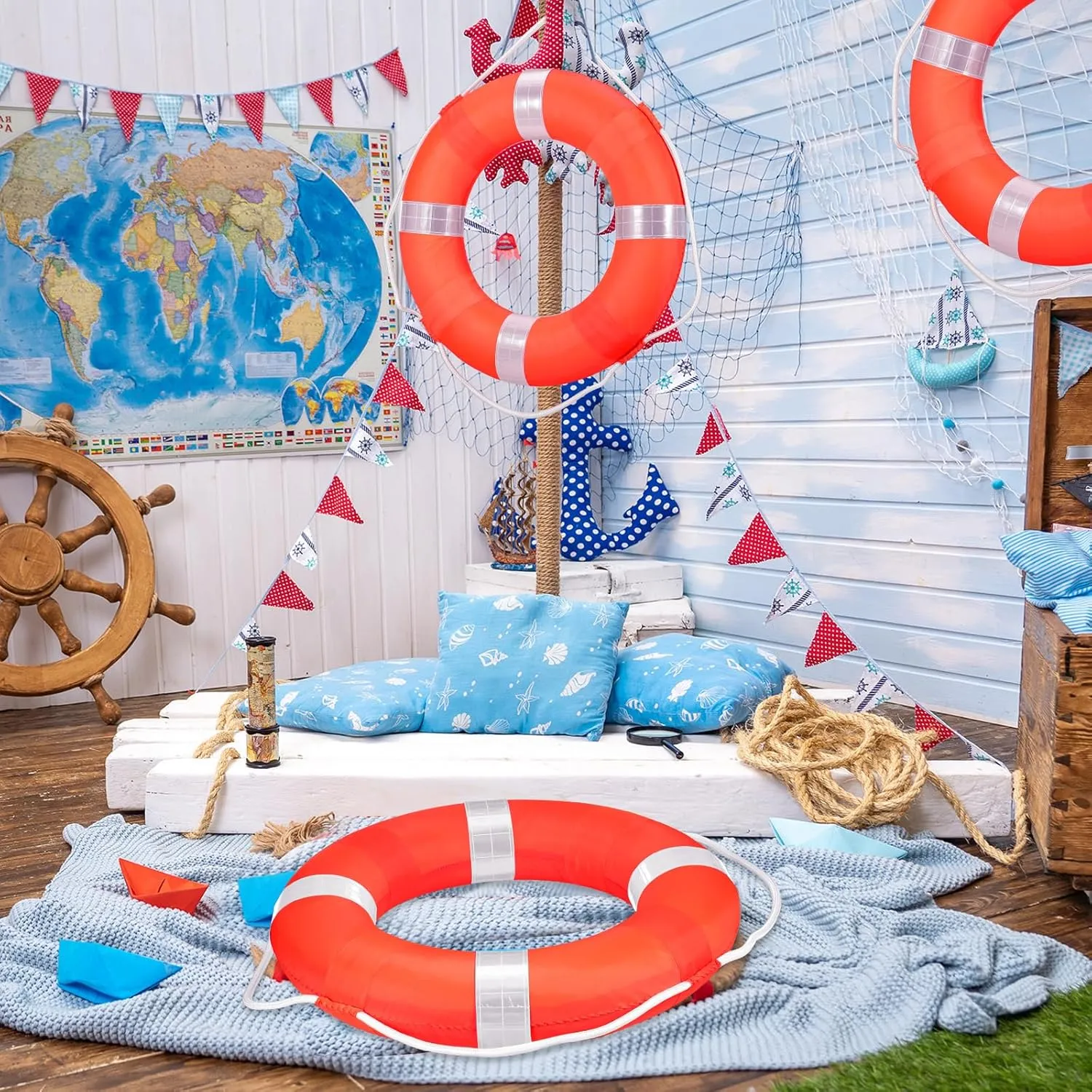 Swim Foam Buoy Set, 20inch Life Preserver Pool Safety Throw Ring with Water Floating Lifesaving Rope 98.4FT Set,Foam Swimming Tube Pool Ring Wall Decoration,Throwable Flotation Device