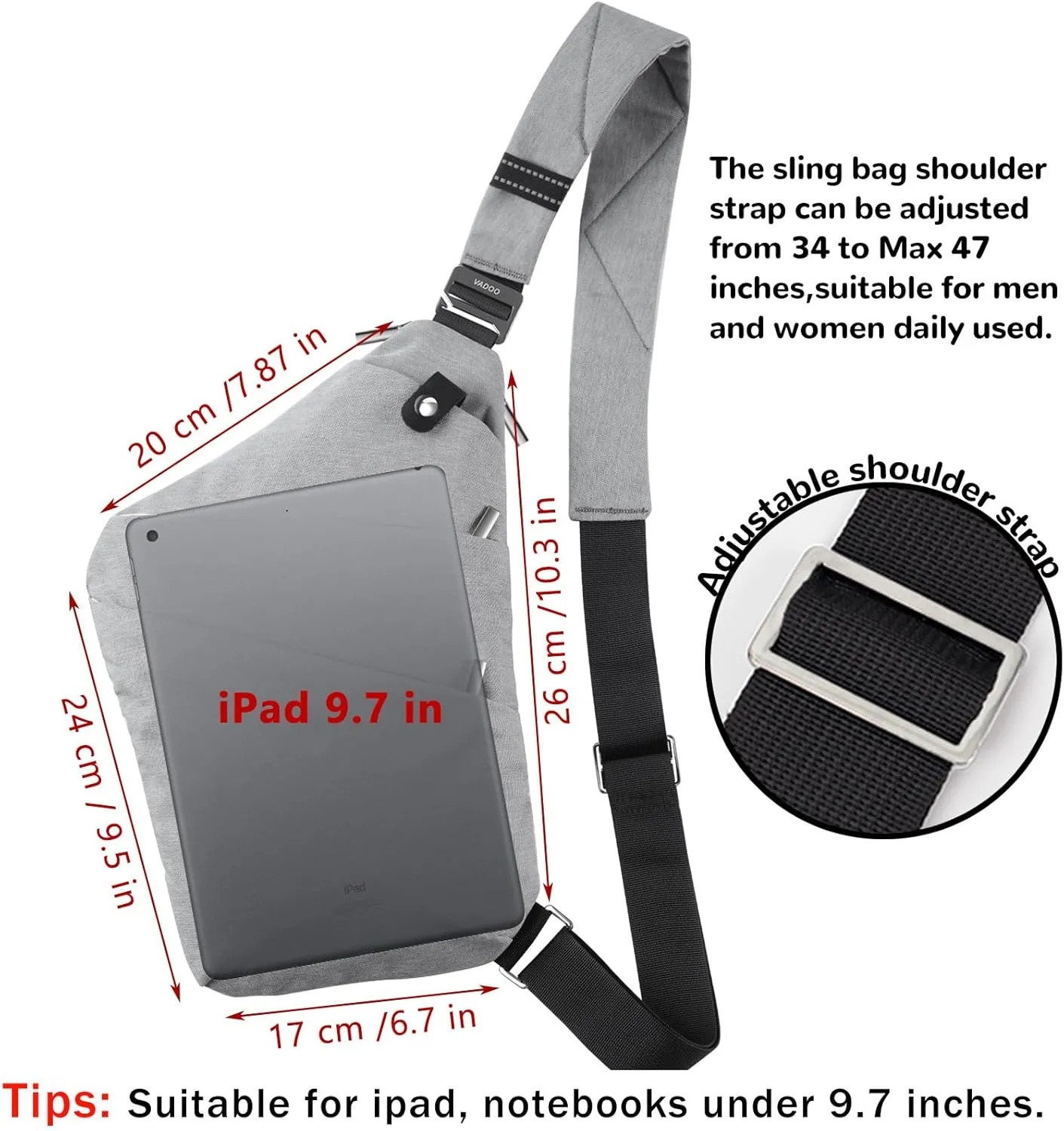 VADOO Sling Bag for Men and Women, Anti theft Crossbody Bag Lightweight Shoulder Chest Bag for Travel Gym