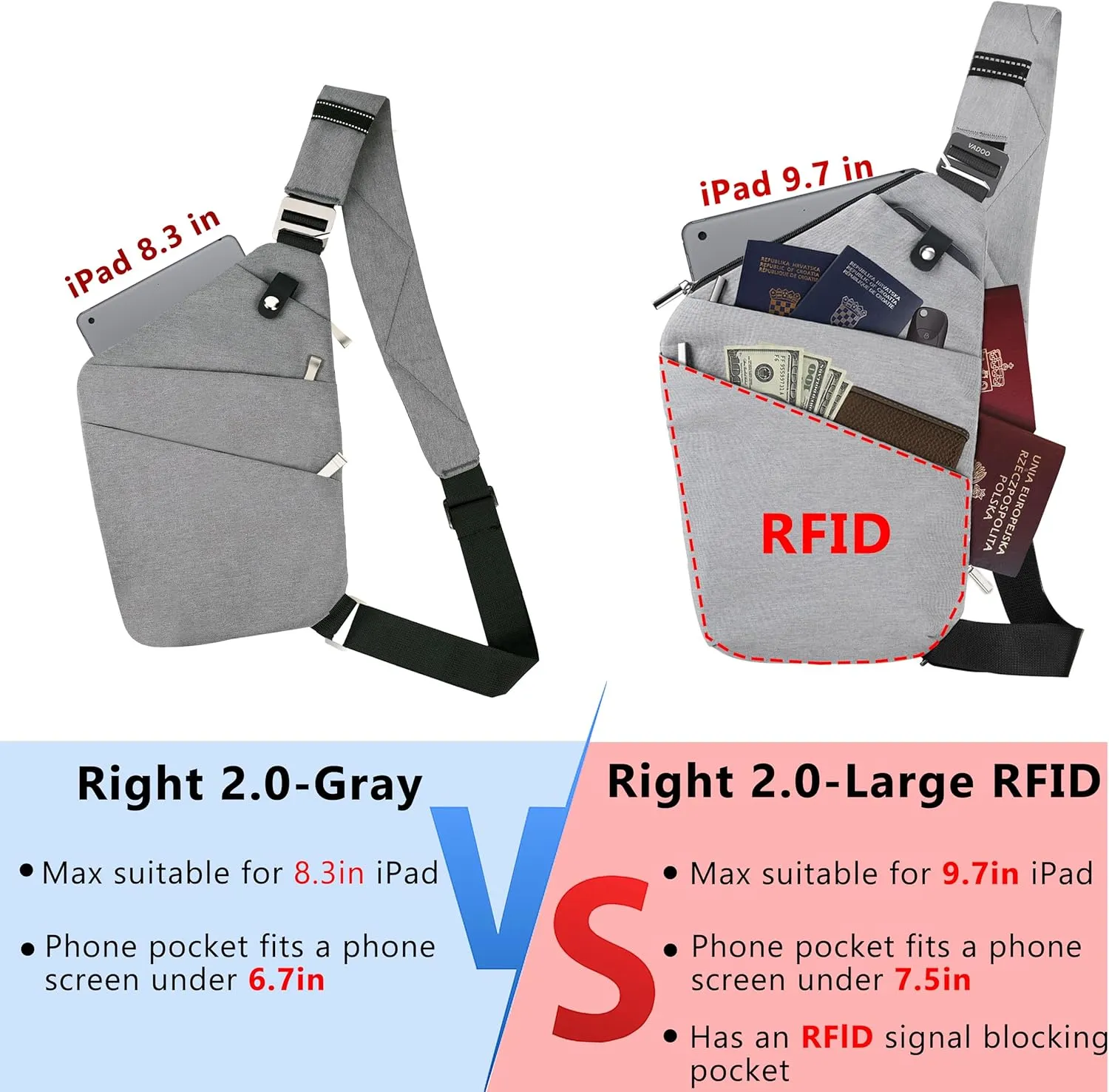 VADOO Sling Bag for Men and Women, Anti theft Crossbody Bag Lightweight Shoulder Chest Bag for Travel Gym