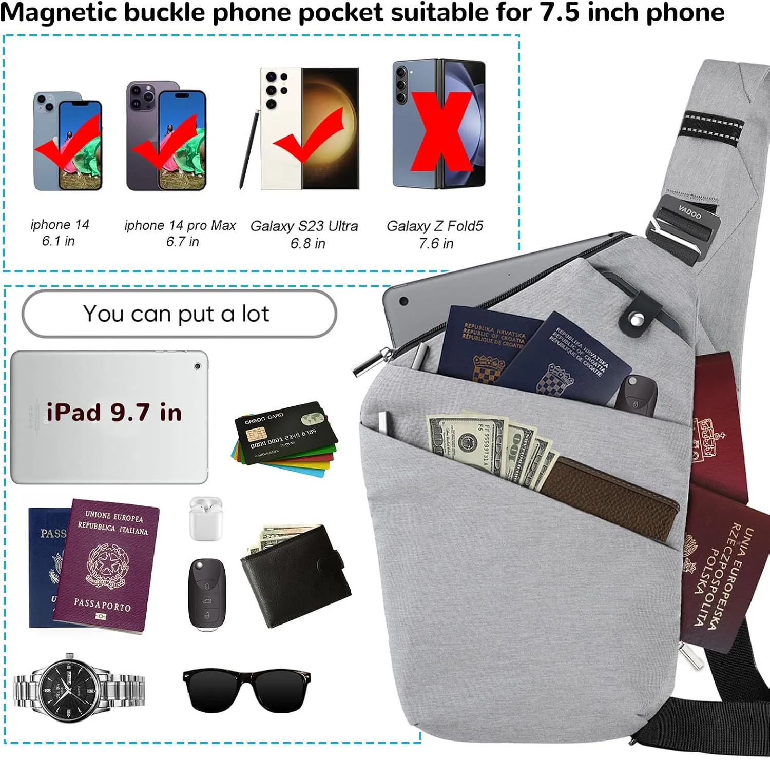 VADOO Sling Bag for Men and Women, Anti theft Crossbody Bag Lightweight Shoulder Chest Bag for Travel Gym