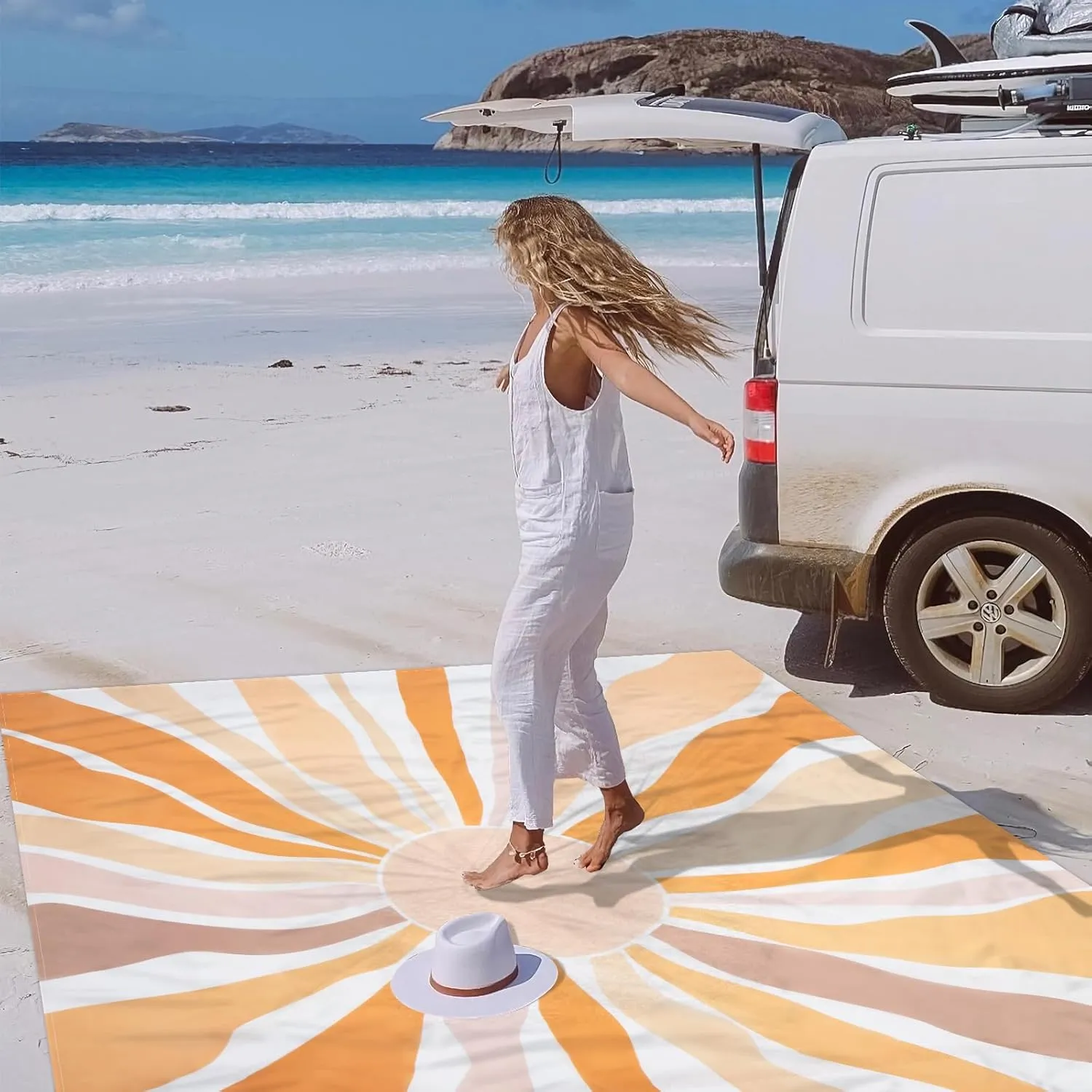 Waterproof Sandproof Beach Blanket, 78" x 86" Large Beach Mat for 2-4 Adults, Lightweight Polyester Outdoor Picnic Blanket for Travel, Camping, Hiking, Beach Essentials for Vacation