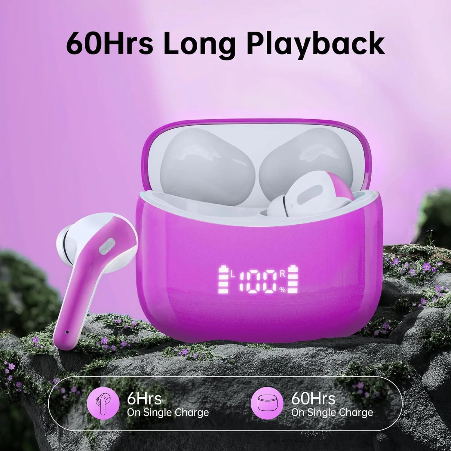 Wireless Earbuds Bluetooth 5.4 Headphones 60H Playtime Bass Stereo Ear Buds with Noise Cancelling Mic LED Display Earbud & in Ear Earphones IP7 Waterproof for Laptop Pad Phones Workout Purple M