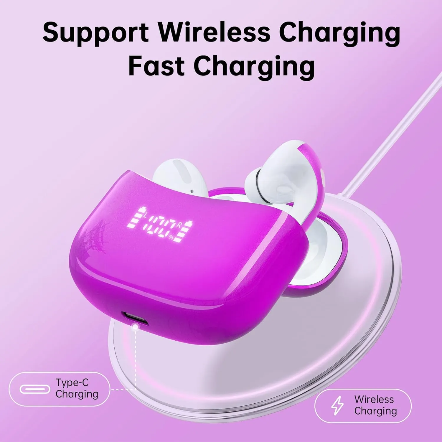 Wireless Earbuds Bluetooth 5.4 Headphones 60H Playtime Bass Stereo Ear Buds with Noise Cancelling Mic LED Display Earbud & in Ear Earphones IP7 Waterproof for Laptop Pad Phones Workout Purple M