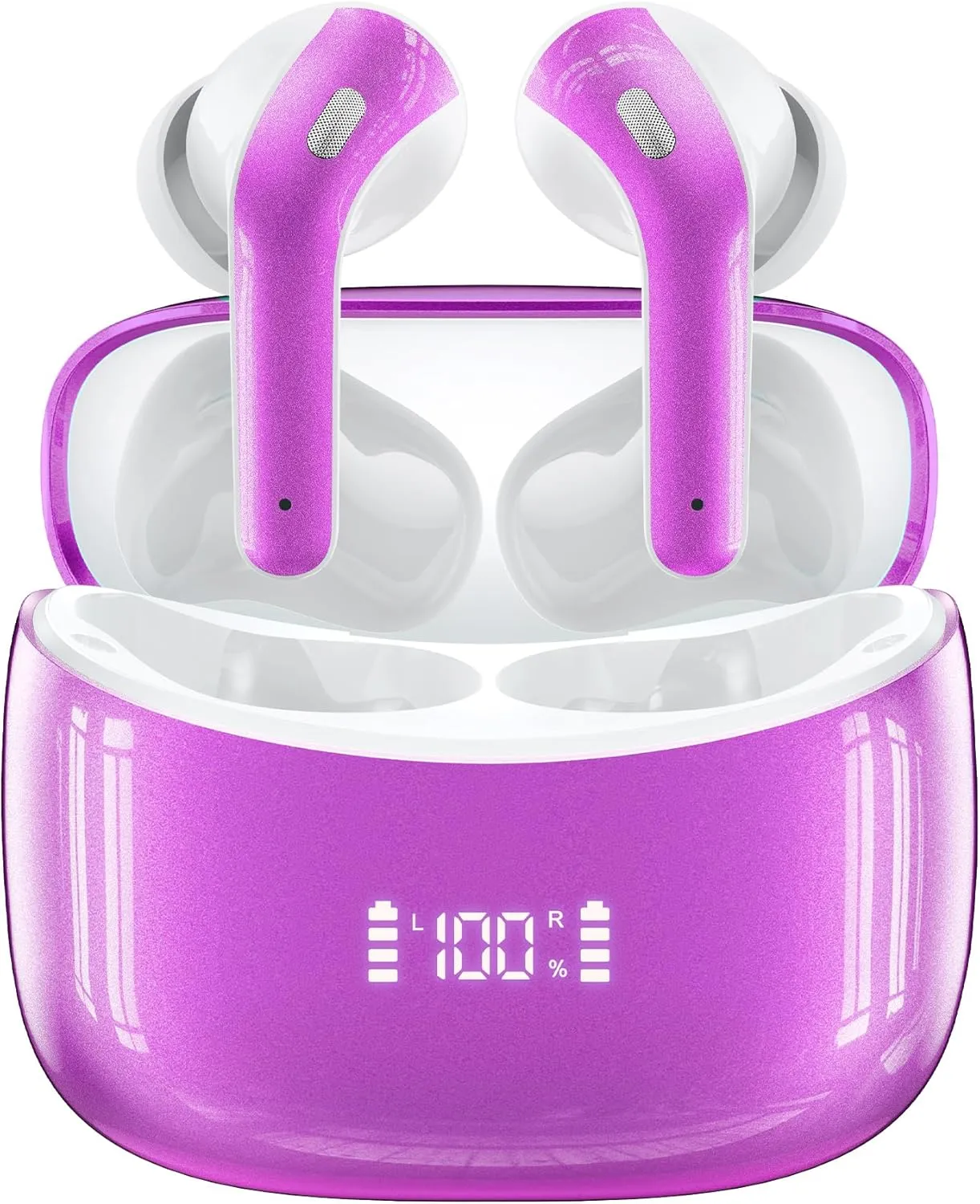 Wireless Earbuds Bluetooth 5.4 Headphones 60H Playtime Bass Stereo Ear Buds with Noise Cancelling Mic LED Display Earbud & in Ear Earphones IP7 Waterproof for Laptop Pad Phones Workout Purple M