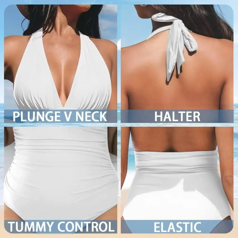Women's Halter Swimsuit One Piece Bathing Suit V-Neck Tummy Control Swimwear